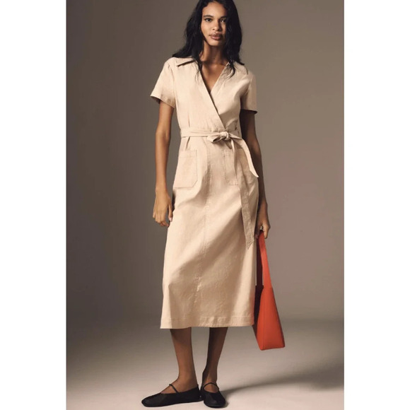NWT Anthropologie The Colette Wrap Midi Dress by Maeve Size L Honey #9H422 - Picture 1 of 12